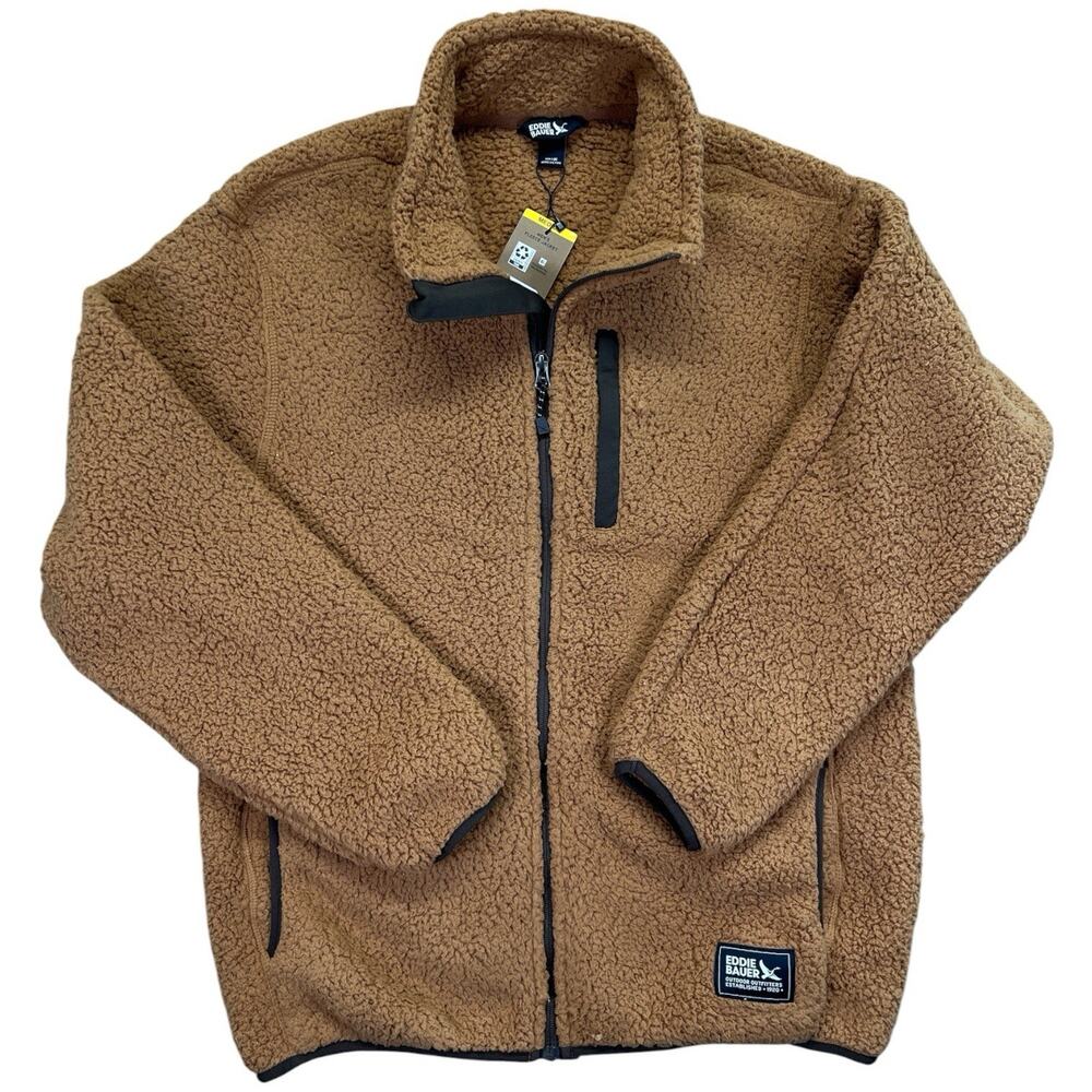 Eddie Bauer Men’s Sherpa Fleece Jacket Tobacco Brown Zip Front Chest Pocket M